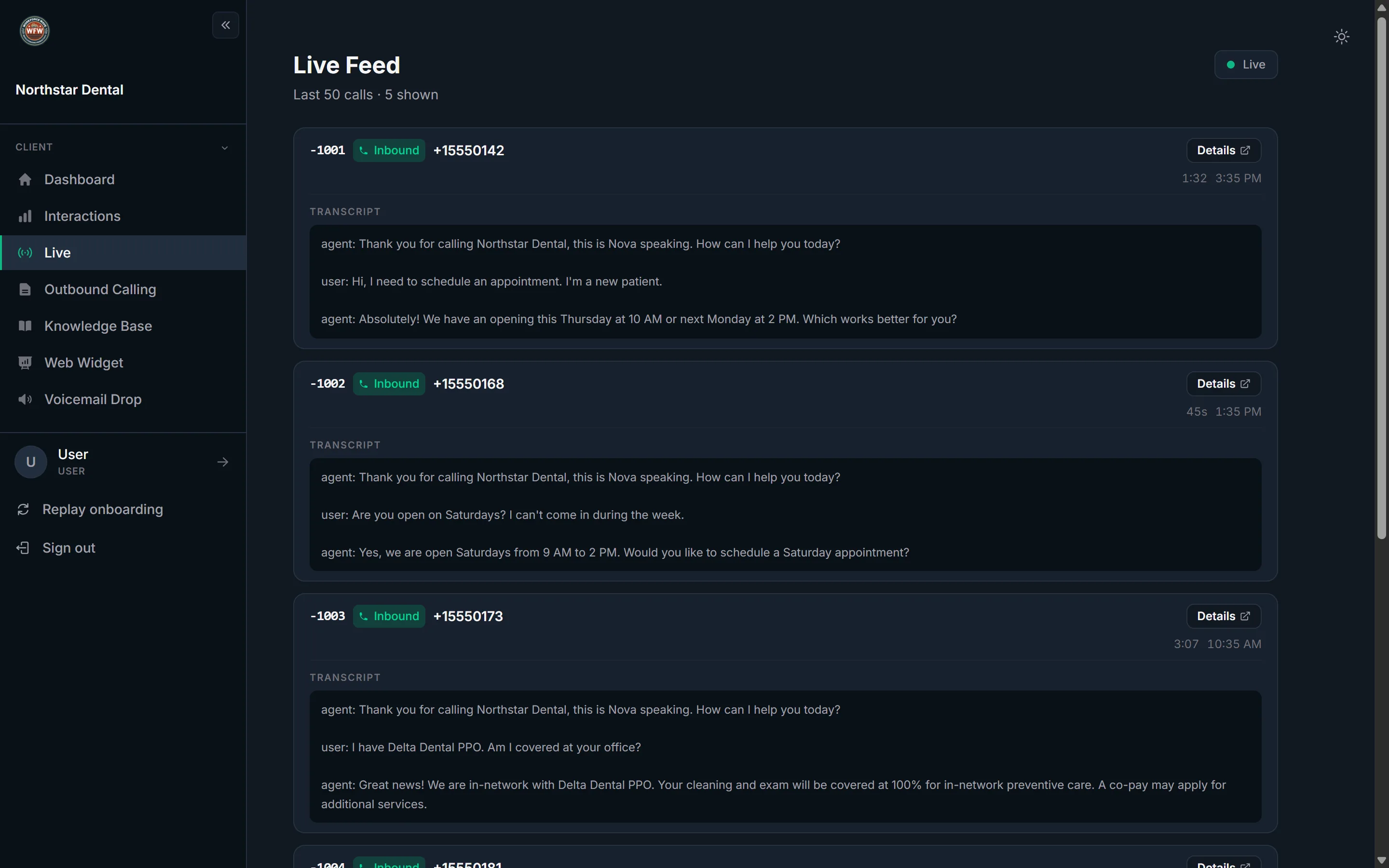 Live call feed in Workforce Wave showing active AI voice agent calls with real-time timers and status.