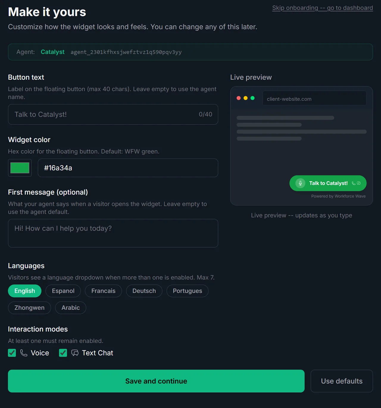 Workforce Wave web chat widget setup: choose your AI agent and customize its button text, color, and welcome message with a live preview.