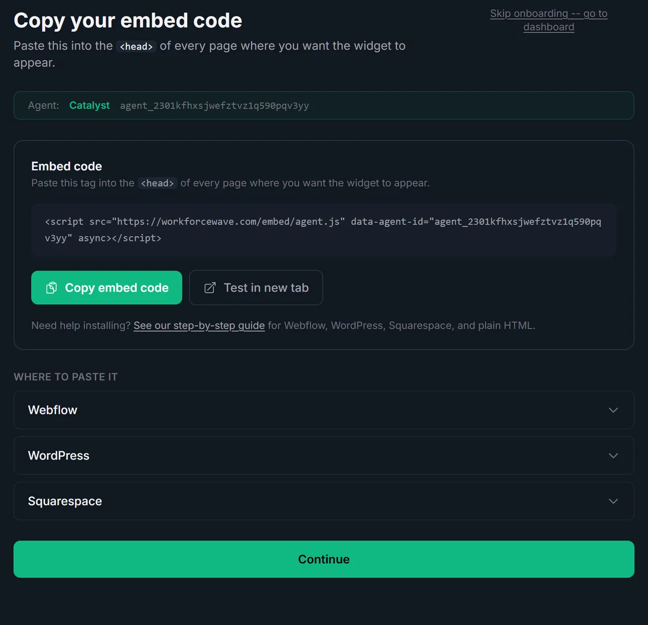 Copy the Workforce Wave web chat embed code: a single script tag to paste into your website head.